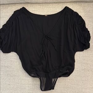 Free People Black Bodysuit with Scoop Neck Puff Sleeves and Ruched Detail